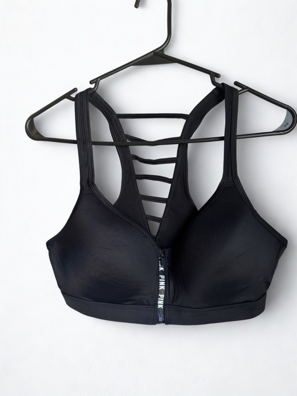 PINK Victoria's Secret Black Front-Zip Sports Bra with Strappy Back